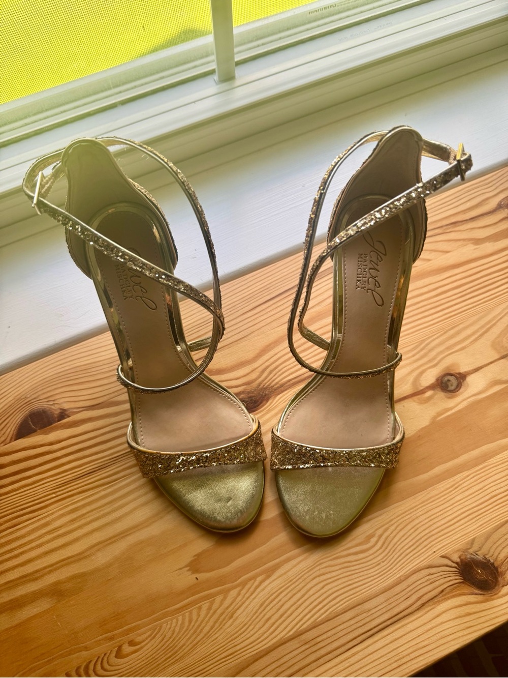 Jewel by Badgley Mischka Gold Strappy Glitter Evening Sandals - Women